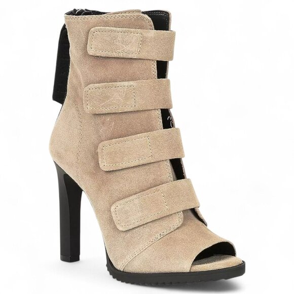 DKNY Womens Beige Hook & Loop Logo Tassle Padded Strappy Blake Peep Toe Stiletto - Picture 1 of 2